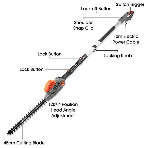 Terratek 2.75m 550W Electric Long Reach Corded Pole Hedge Trimmer Telescopic Extendable Pole 450mm Cutting Length 10m Cable, 4 Positions for Tall Hedges, Hedge Cutter Includes Shoulder Strap