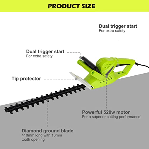 520W Electric Hedge Trimmer, Hedge Trimmer and Cutter Ultra Lightweight 2.4kg, 460mm Blade Length, 16mm Tooth Spacing, 6m Power Cable, Dual Steel Blade with Blade Cover and Ergonomic Handle