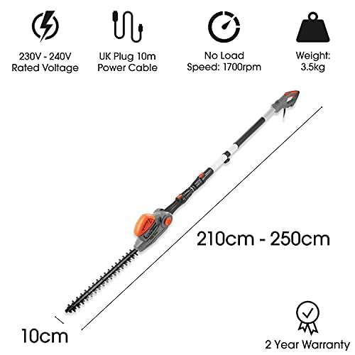 Terratek 2.75m 550W Electric Long Reach Corded Pole Hedge Trimmer Telescopic Extendable Pole 450mm Cutting Length 10m Cable, 4 Positions for Tall Hedges, Hedge Cutter Includes Shoulder Strap