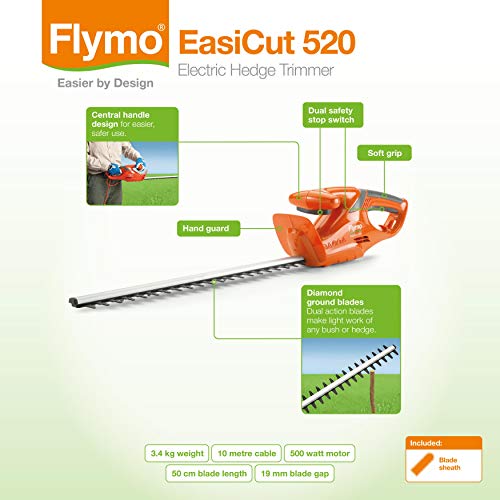 Flymo EasiCut 520 Electric Hedge Trimmer, 500 W, Cutting Blade 50 cm