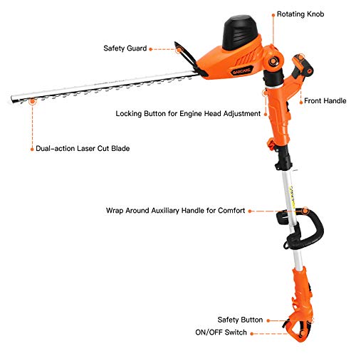 GARCARE Corded Pole Hedge Trimmer - 2 in 1 Extendable Telescopic Hedge Trimmers Long Reach 2.8m,Electric Hedge Cutter Shrub Trimmer (510 mm Cutting Blade, 20 mm Cutting Space, 600W)