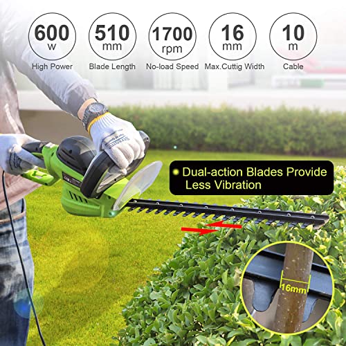 Stream Hedge Trimmer, 600W Electric Hedge Trimmer and Cutter, 51cm Blade Length, 16mm Tooth Opening, Double Action Blade, Blade Cover, Ergonomic 180-degree Rotating Handle, Lightweight and 10m Cable