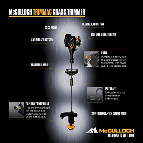 McCulloch TRIMMAC Trimmer: 25cc, 40 cm Working Width, Split Shaft, Double Thread Tracking, Combi Guard, Tap N Go Trimmer Head, Lightweight