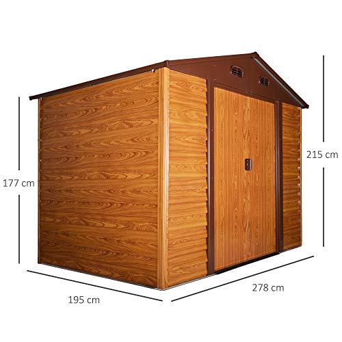 Outsunny 9 x 6ft Metal Garden Shed House Hut Gardening Tool Storage with Kit and Ventilation, Brown with Wood Grain