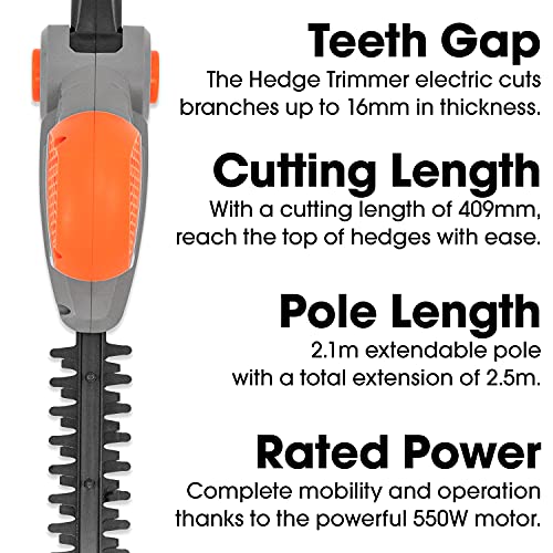 Terratek 2.75m 550W Electric Long Reach Corded Pole Hedge Trimmer Telescopic Extendable Pole 450mm Cutting Length 10m Cable, 4 Positions for Tall Hedges, Hedge Cutter Includes Shoulder Strap