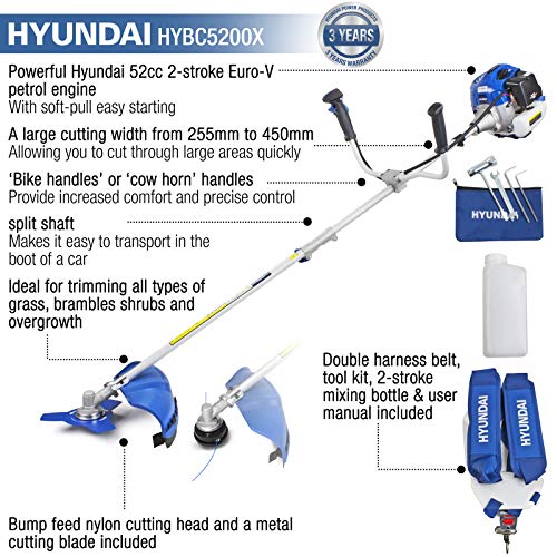 Hyundai 52cc 3 in One Garden Tool, Petrol Grass Trimmer/Strimmer & Brushcutter with 3 Year Warranty