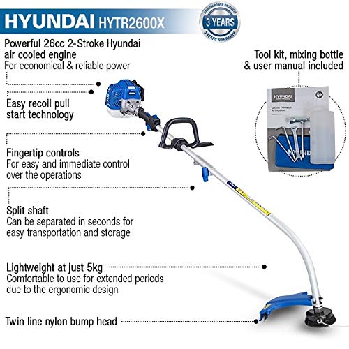 Hyundai Powerful 26cc Petrol Grass Strimmer, Grass Trimmer, 3 Year Hyundai Warranty, Multi Purpose Strimmer, Home Improvement, Dynamic Edge Trimmer, Blue