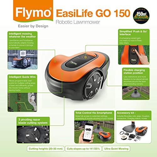 Flymo EasiLife 150 GO Robotic Lawn Mower - Cuts Up to 150 sq m, Ultra Quiet Mowing, Manicured Lawn, Bluetooth Application Control, Safety Sensors, Hose Washable, Lifestyle Functions