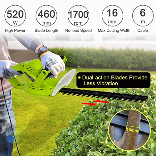 520W Electric Hedge Trimmer, Hedge Trimmer and Cutter Ultra Lightweight 2.4kg, 460mm Blade Length, 16mm Tooth Spacing, 6m Power Cable, Dual Steel Blade with Blade Cover and Ergonomic Handle