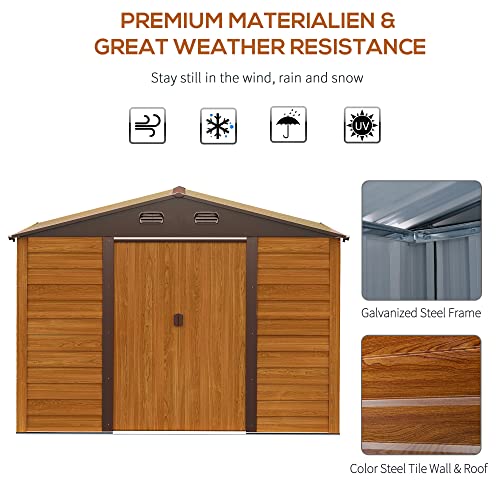 Outsunny 9 x 6ft Metal Garden Shed House Hut Gardening Tool Storage with Kit and Ventilation, Brown with Wood Grain