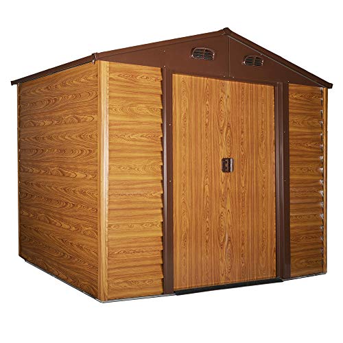 Outsunny 9 x 6ft Metal Garden Shed House Hut Gardening Tool Storage with Kit and Ventilation, Brown with Wood Grain