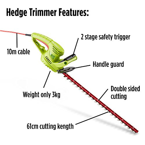 Garden Gear Electric Hedge Trimmer with 61cm Blade, Blade Cover & 10m Cable (600W Hedge Trimmer)