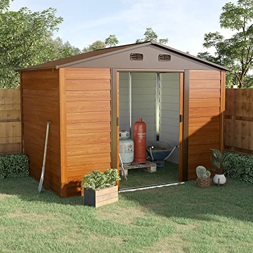 Outsunny 9 x 6ft Metal Garden Shed House Hut Gardening Tool Storage with Kit and Ventilation, Brown with Wood Grain