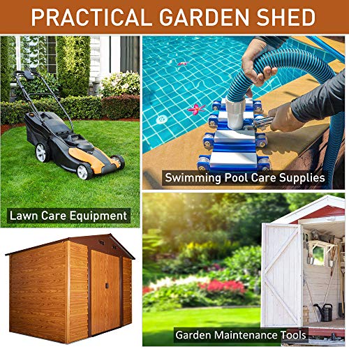 Outsunny 9 x 6ft Metal Garden Shed House Hut Gardening Tool Storage with Kit and Ventilation, Brown with Wood Grain